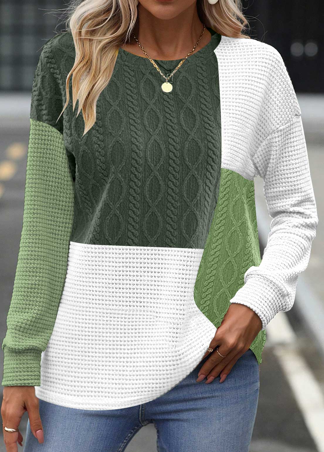 Modlily Blackish Green Patchwork Long Sleeve Round Neck Sweatshirt - XXL