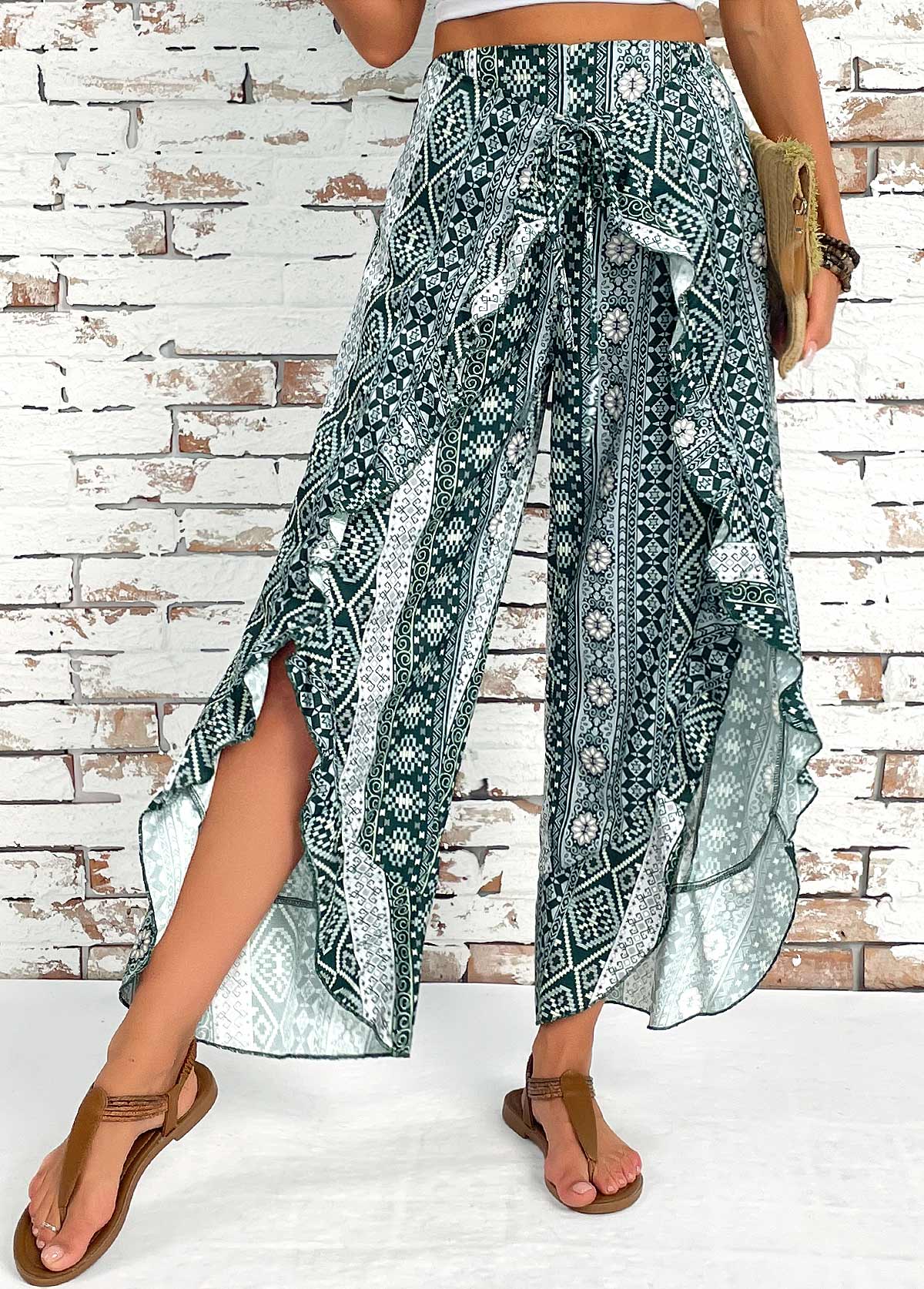 Modlily Blackish Green Tribal Print Wide Leg Elastic Waist Pants - S