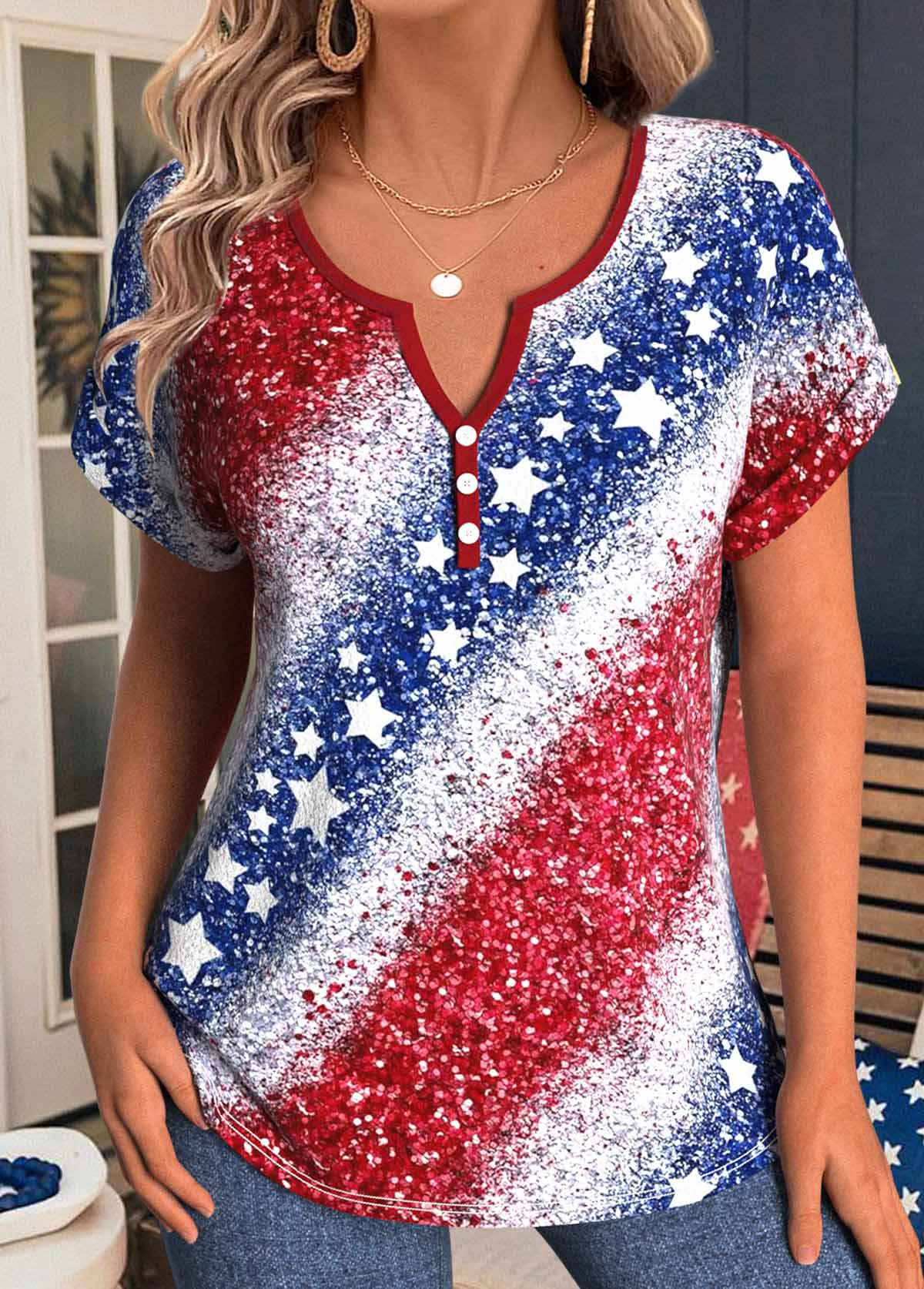 Modlily Blue American Flag Print Blouse - M