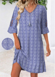 Modlily Blue Belted Ditsy Floral Print 3/4 Sleeve Dress - M