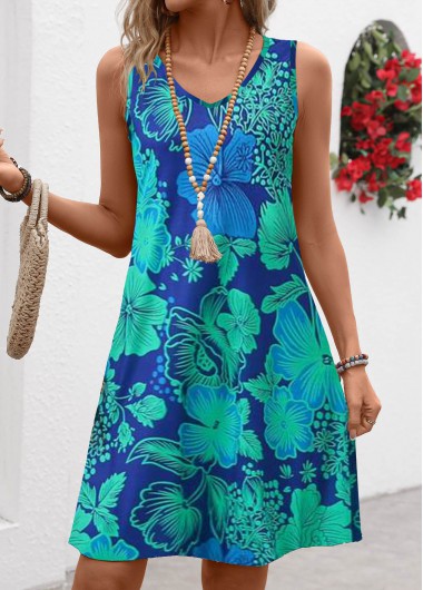 Modlily Blue Breathable Floral Print A Line Sleeveless Dress - M