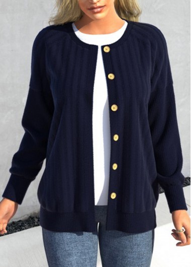 Modlily Blue Button Long Sleeve Round Neck Coat - S