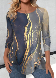 Modlily Blue Button Marble Print Long Sleeve T Shirt - S