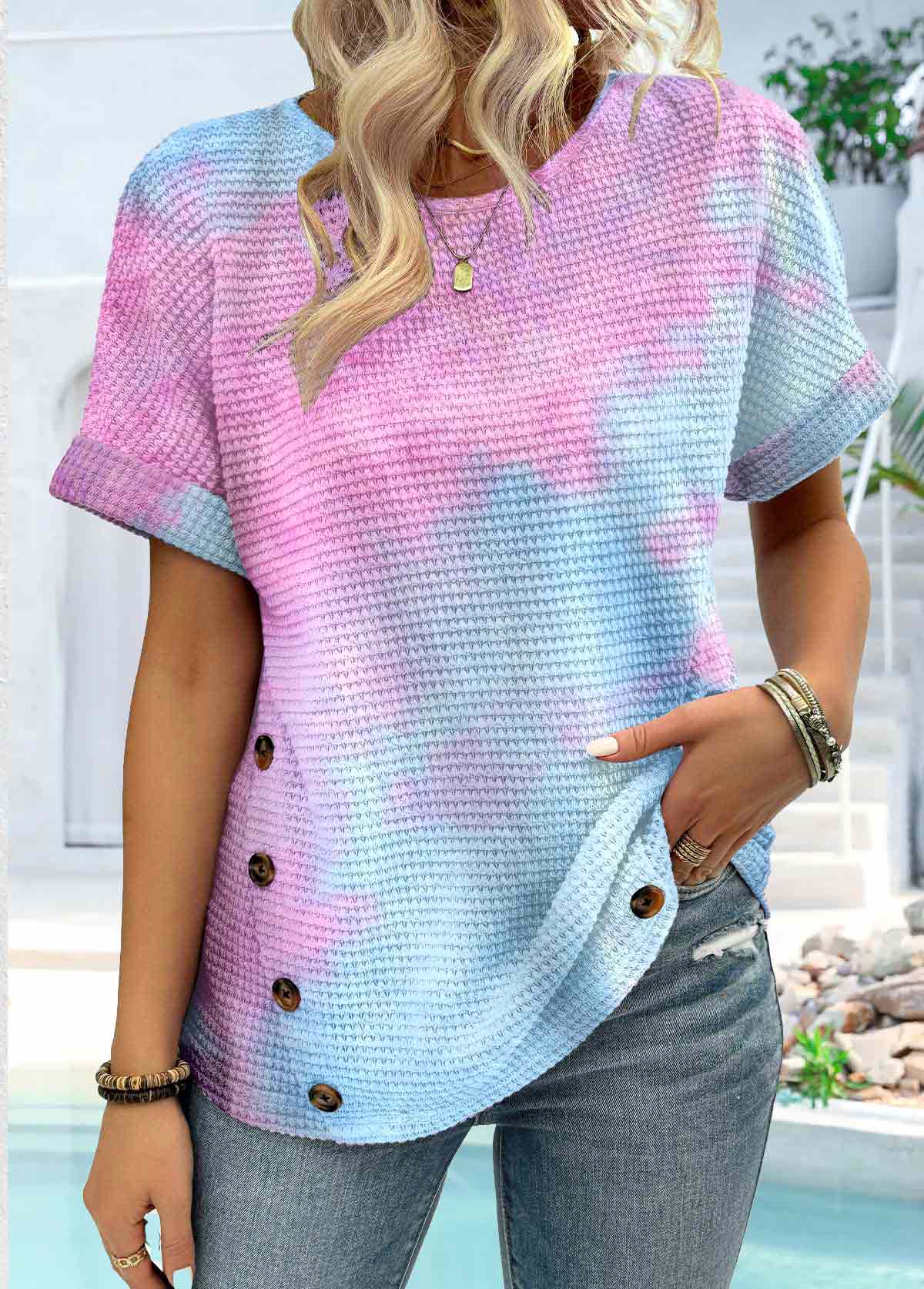 Modlily Blue Button Ombre Short Sleeve Round Neck T Shirt - S