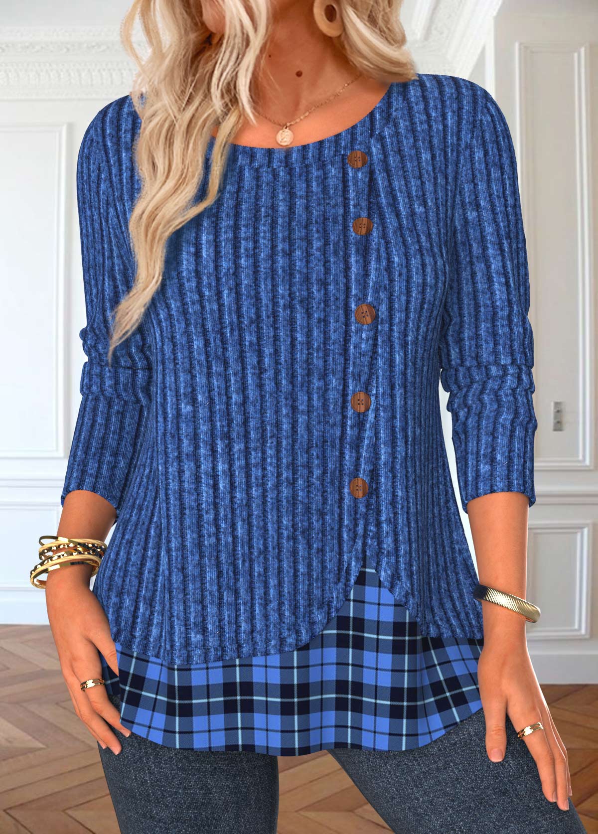 Modlily Blue Button Plaid Long Sleeve Round Neck T Shirt - L