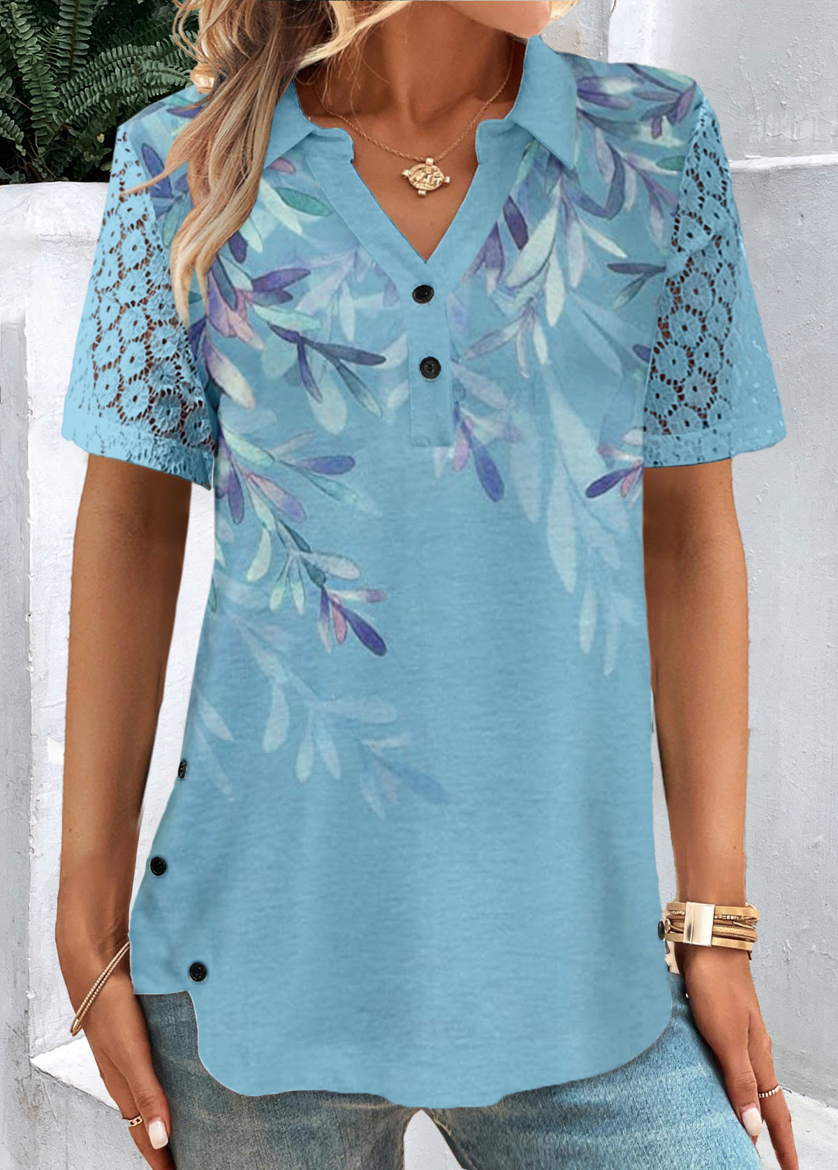 Modlily Blue Button Plants Print Short Sleeve Shirt Collar Blouse - S
