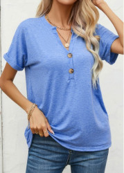 Modlily Blue Button Short Sleeve Split Neck T Shirt - L
