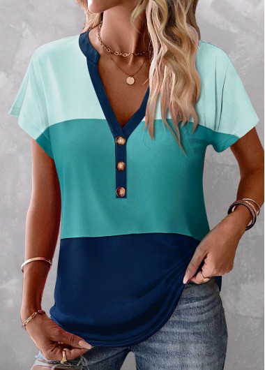 Modlily Blue Button Short Sleeve V Neck Blouse - XXL