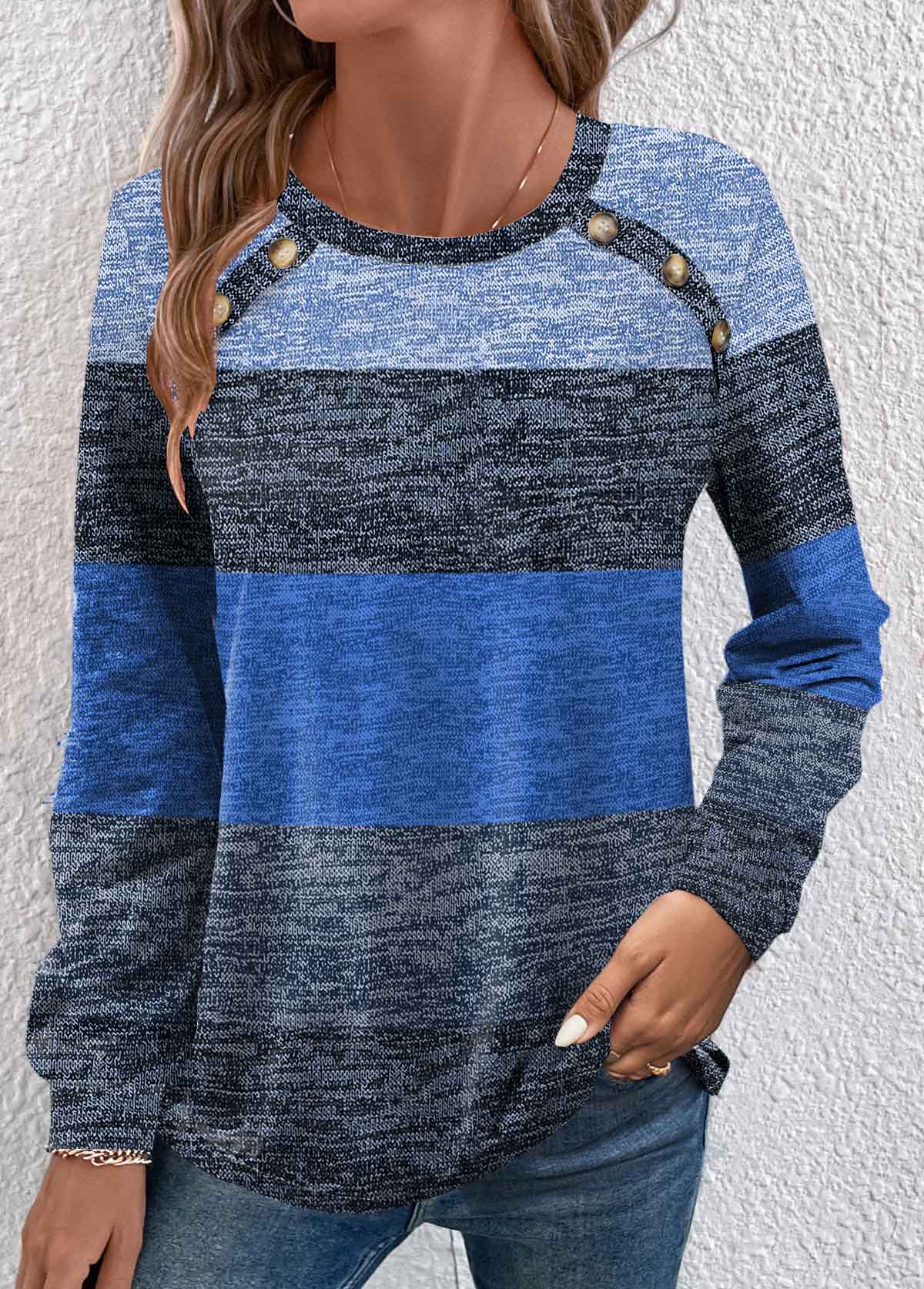 Modlily Blue Button Striped Long Sleeve Round Neck T Shirt - XL