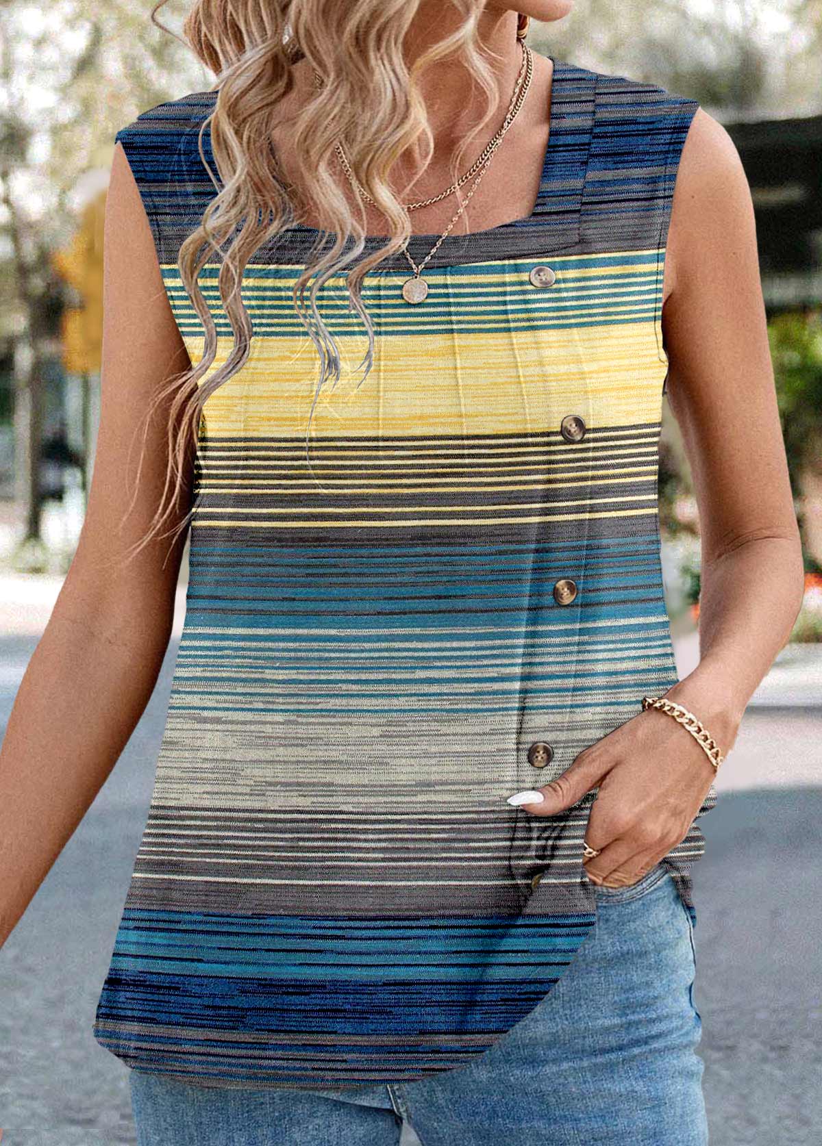 Modlily Blue Button Striped Sleeveless Square Neck Tank Top - S