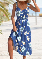 Modlily Blue Circular Ring Floral Print Strappy V Neck Dress - S
