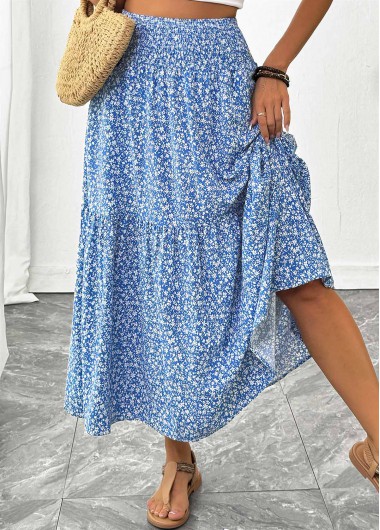 Modlily Blue Ditsy Floral Print A Line Elastic Waist Skirt - XL