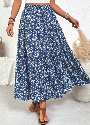Modlily Blue Ditsy Floral Print A Line Elastic Waist Skirt - XL