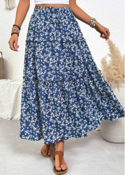 Modlily Blue Ditsy Floral Print A Line Elastic Waist Skirt - XL