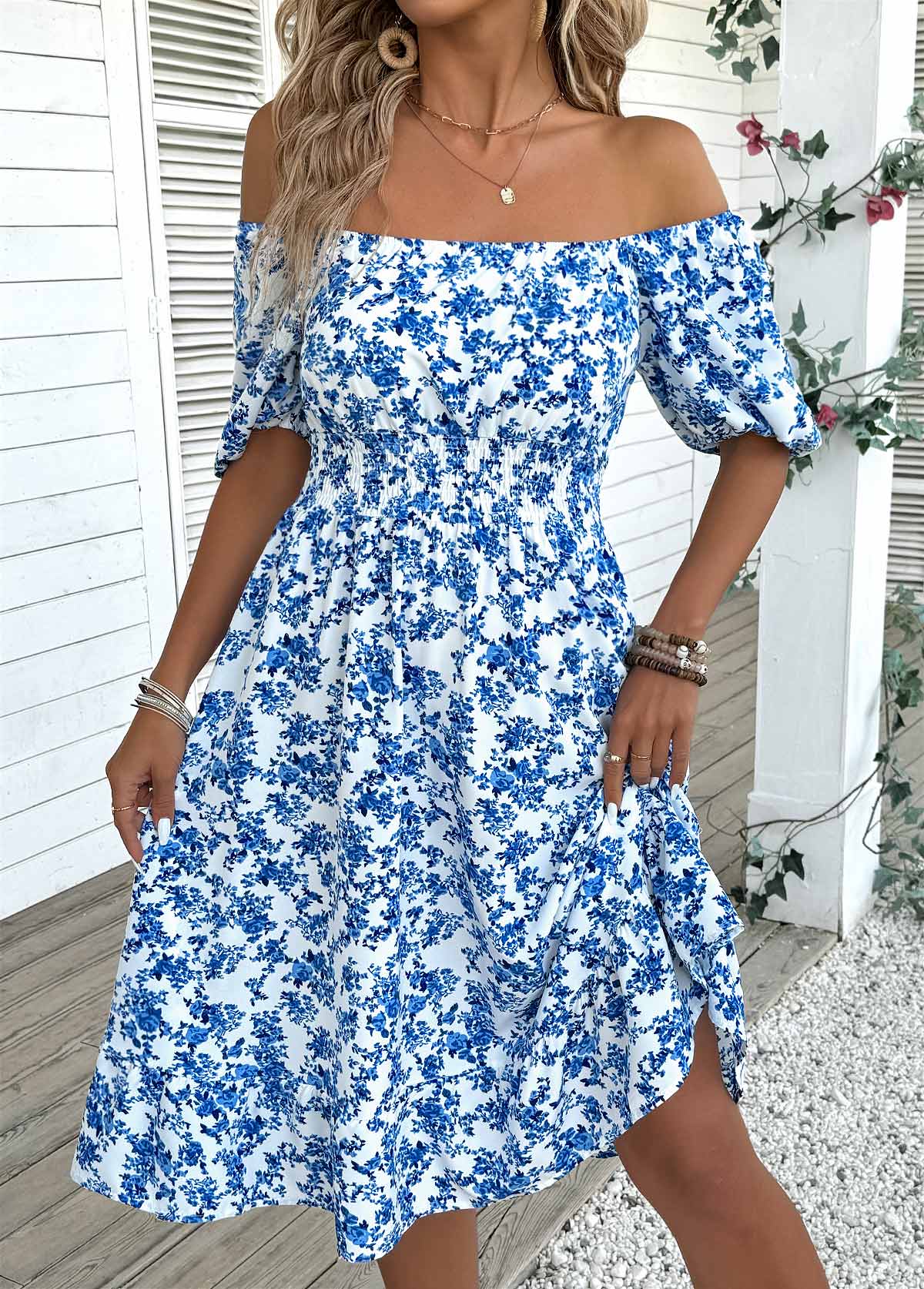 Modlily Blue Ditsy Floral Print Short Sleeve Off Shoulder Dress - L