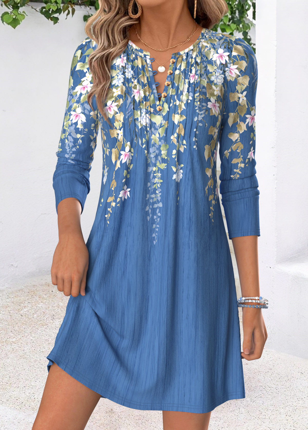 Modlily Blue Floral Print Short Tuck Stitch Long Sleeve Dress - S