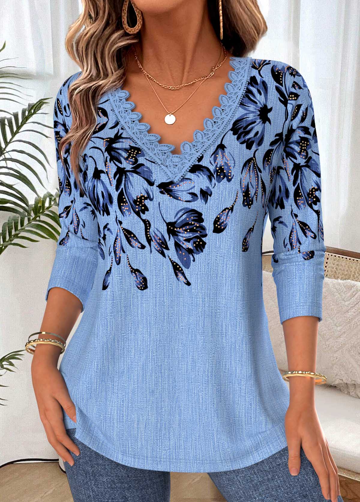Modlily Blue Floral Print Tummy Coverage Long Sleeve T Shirt - S