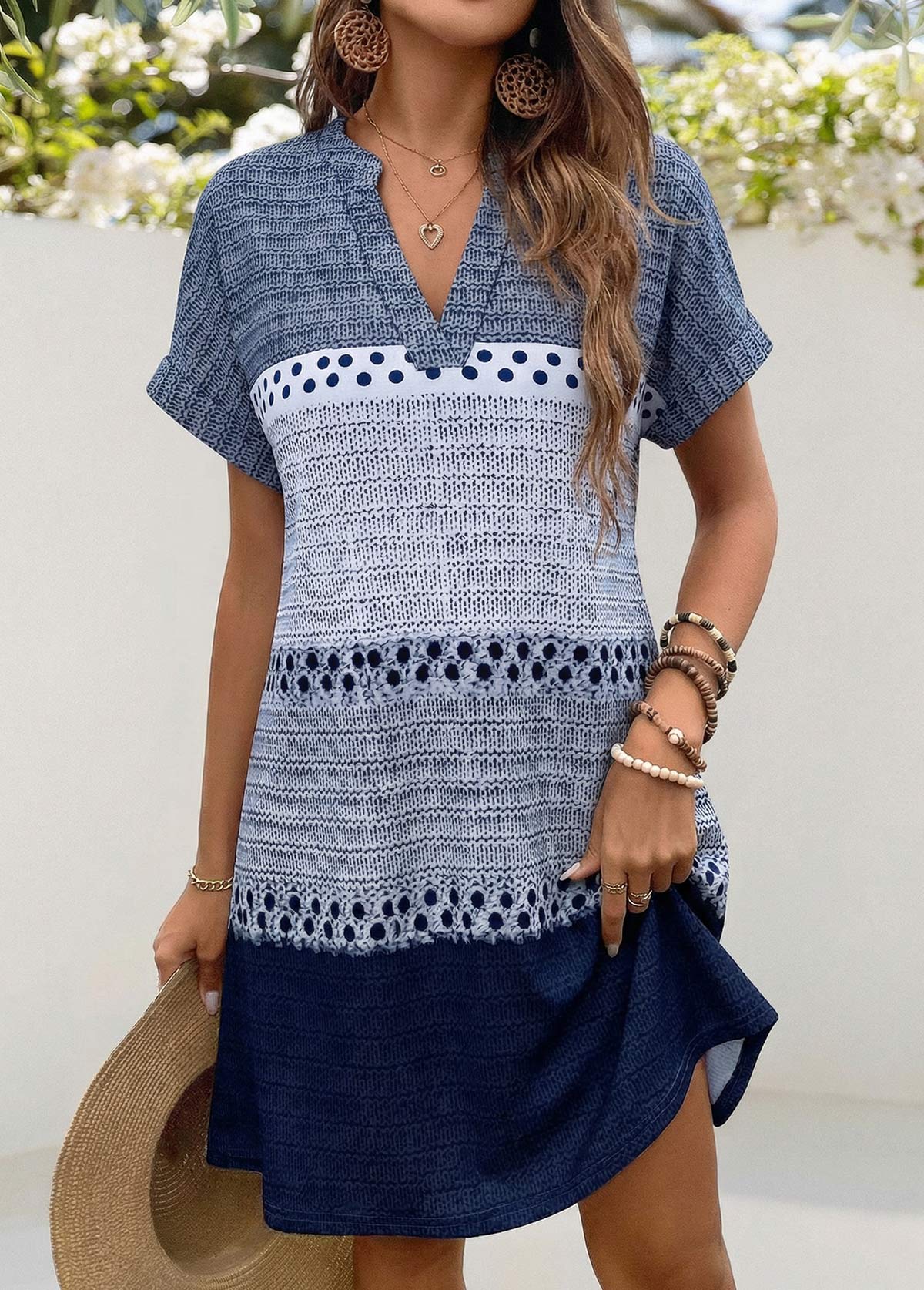Modlily Blue Geometric Print Short Patch Pocket Split Neck Dress - M
