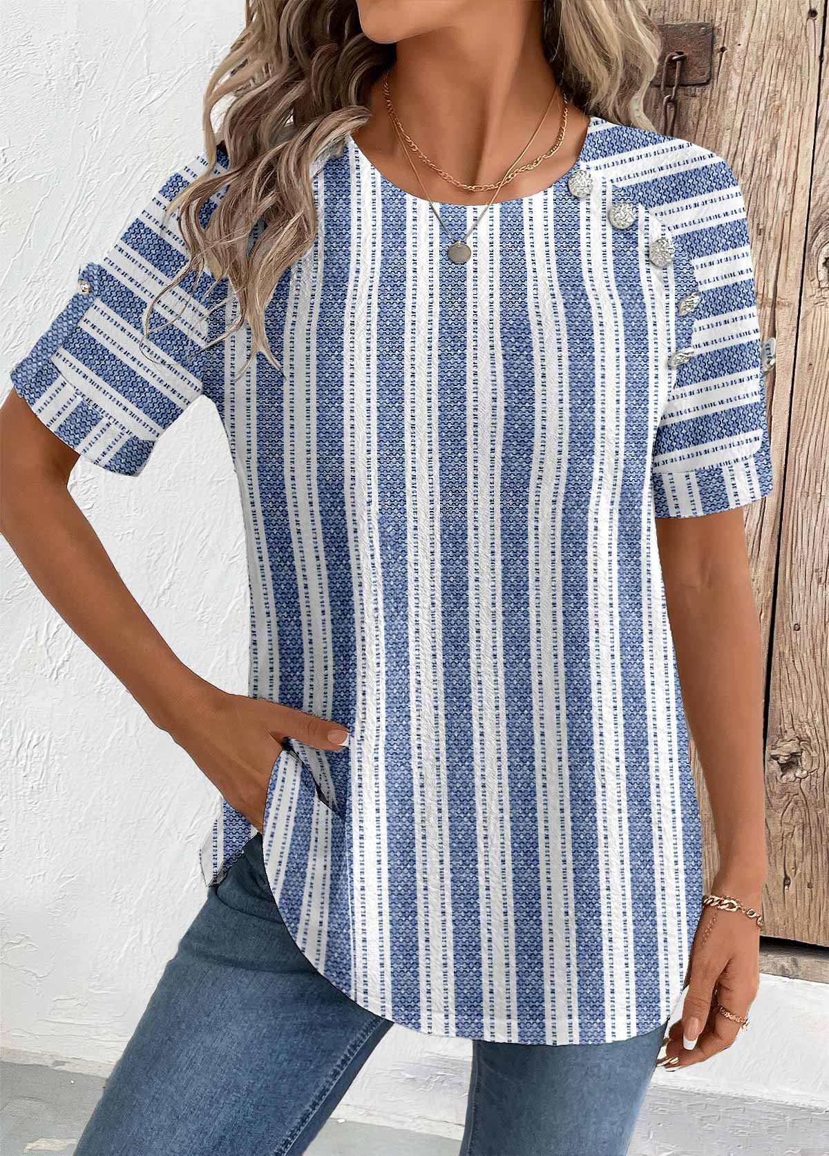 Modlily Blue Geometric Print Short Sleeve Round Neck Blouse - S