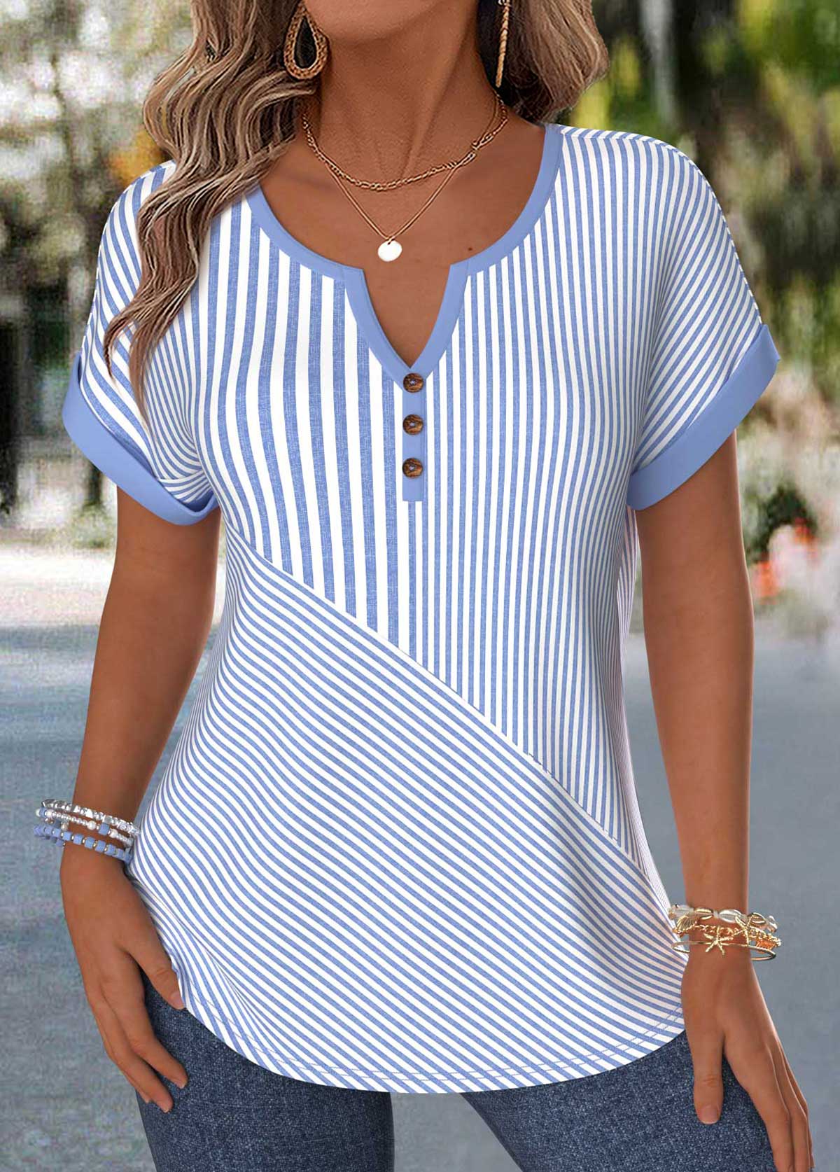 Modlily Blue Geometric Print Tummy Coverage Short Sleeve Blouse - L