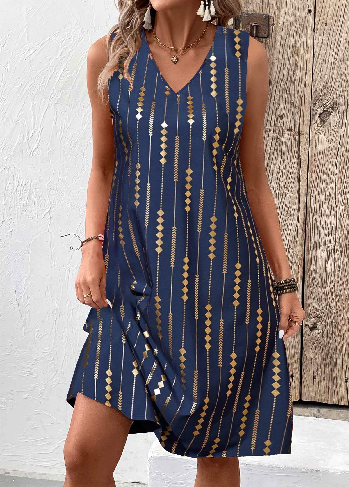 Modlily Blue Hot Stamping Geometric Print A Line Sleeveless Dress - XL