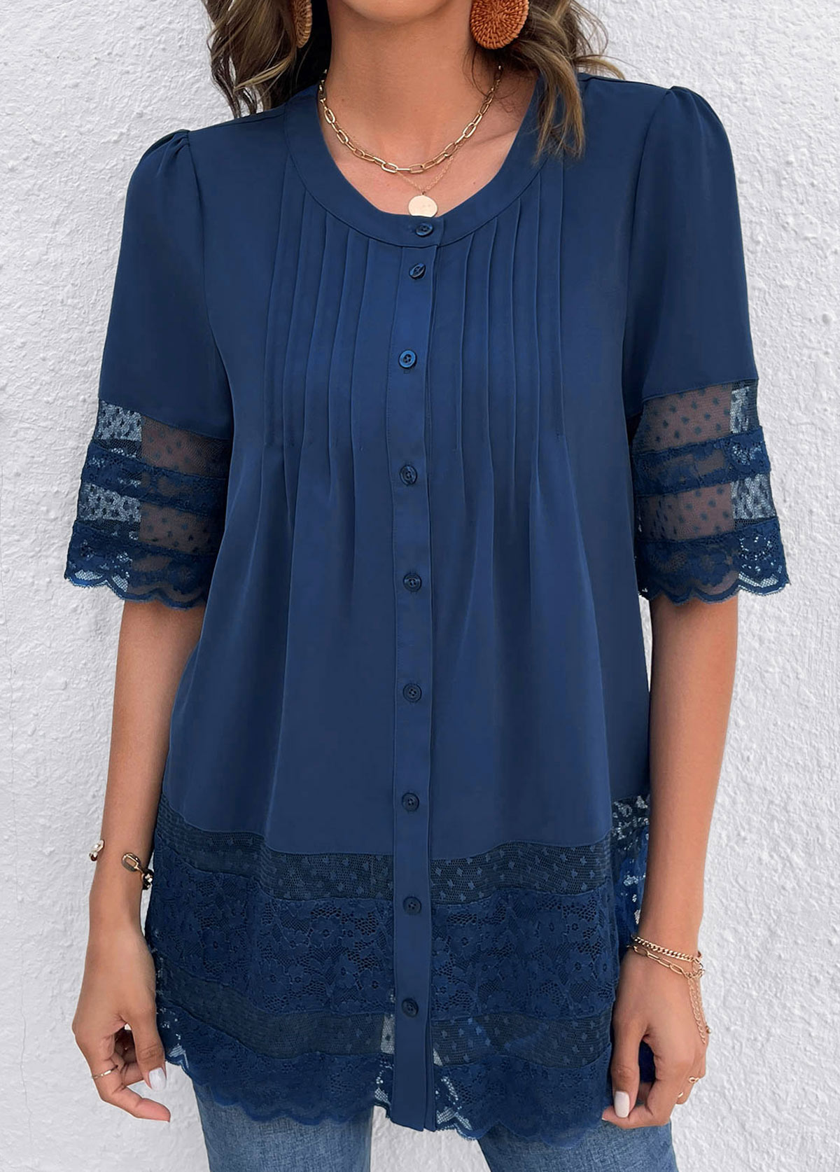 Modlily Blue Lace 3/4 Sleeve Round Neck Blouse - S