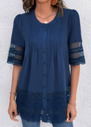 Modlily Blue Lace 3/4 Sleeve Round Neck Blouse - S