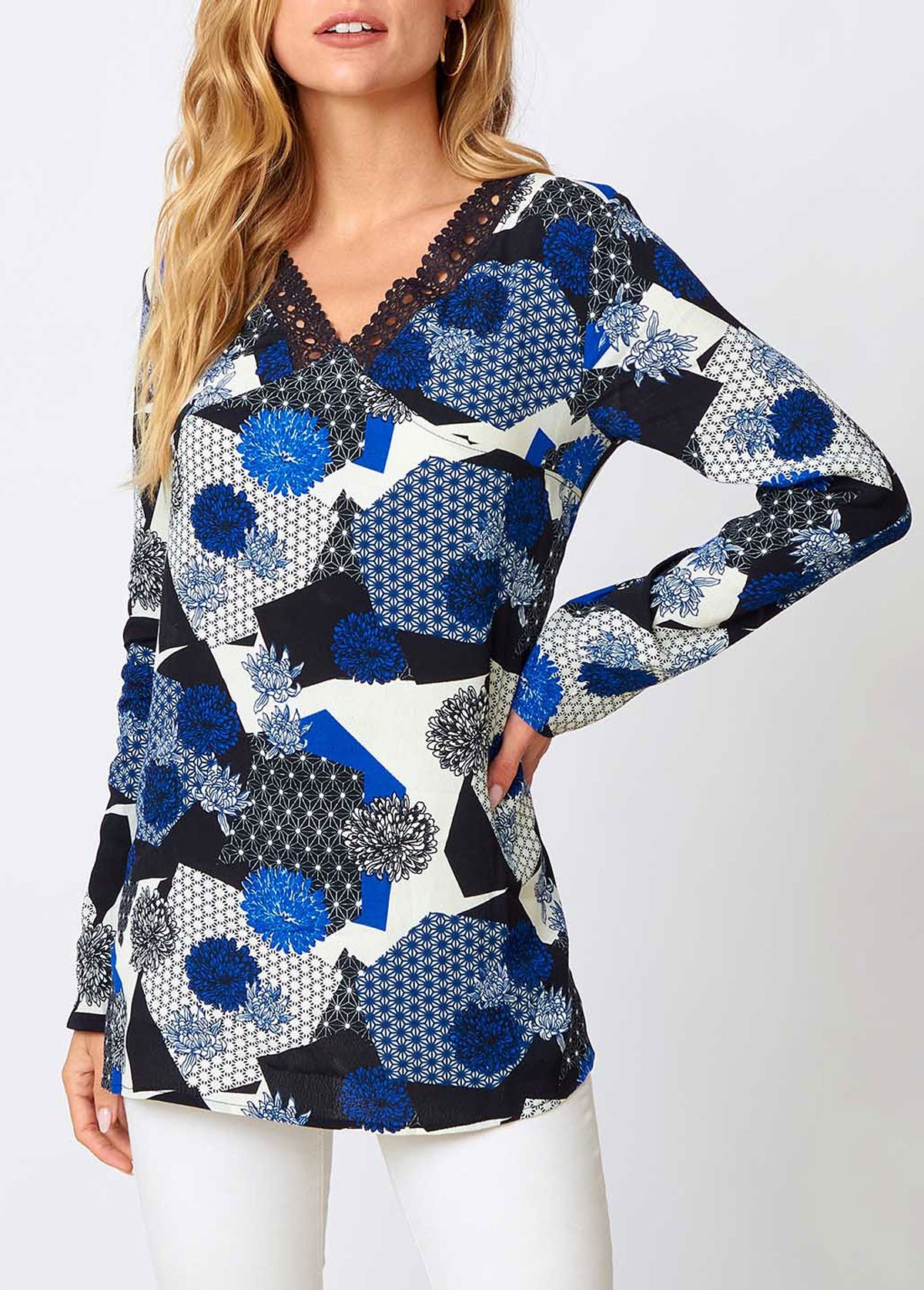 Modlily Blue Lace Floral Print Long Sleeve V Neck Shirt - S