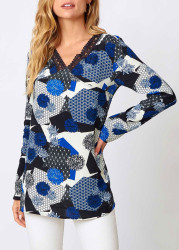 Modlily Blue Lace Floral Print Long Sleeve V Neck Shirt - S