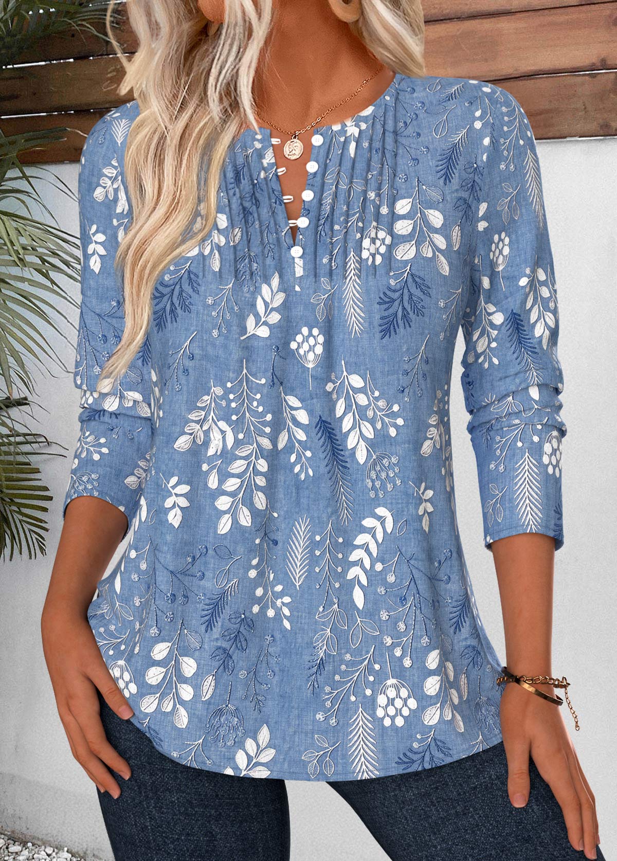 Modlily Blue Leaf Print Tuck Stitch Long Sleeve Blouse - M