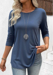 Modlily Blue Long Sleeve Round Neck T Shirt - S