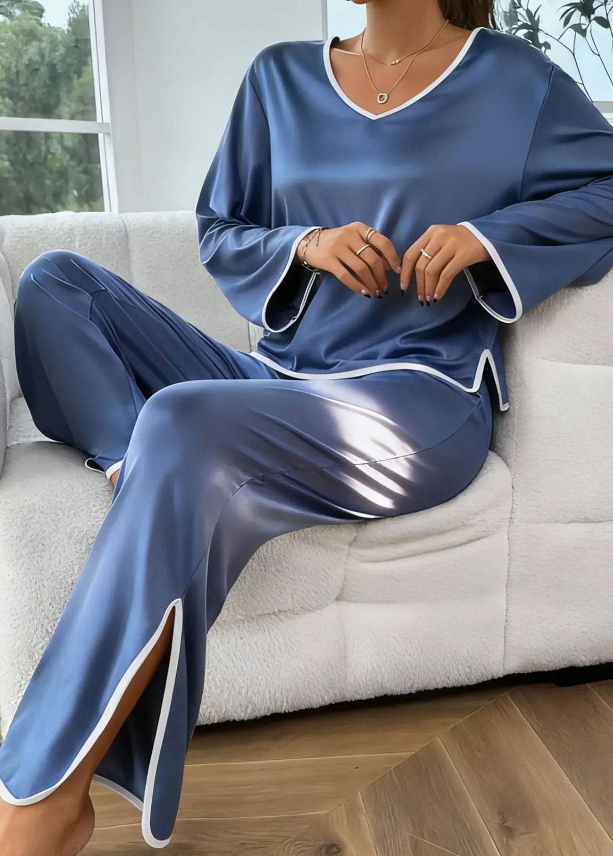 Modlily Blue Long Sleeve V Neck Lounge Top and Pants - S