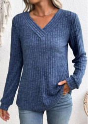 Modlily Blue Long Sleeve V Neck Sweatshirt - S