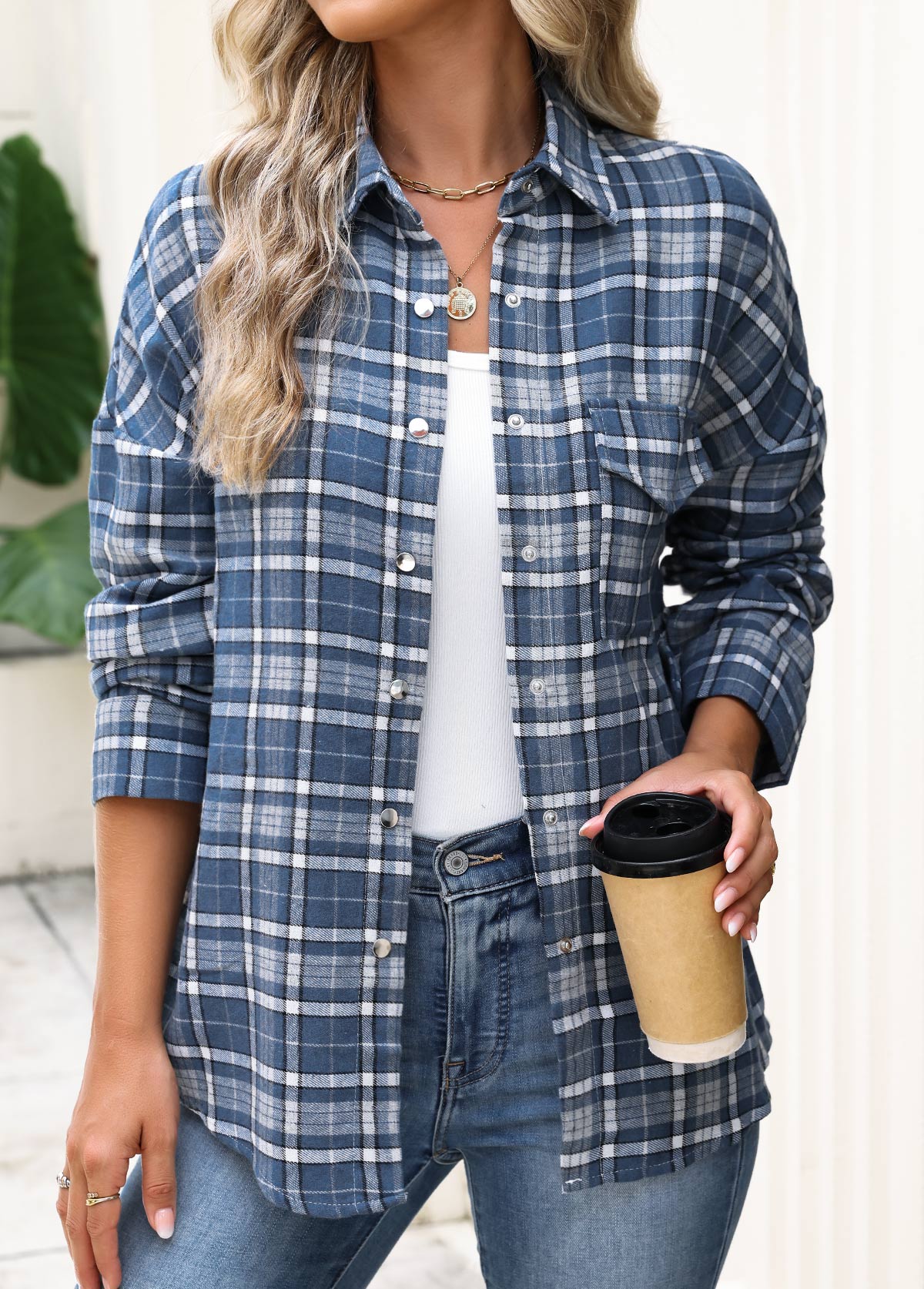 Modlily Blue Patch Pocket Plaid Long Sleeve Shirt - XL