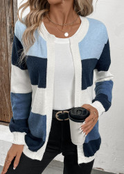 Modlily Blue Patchwork Design Long Sleeve Cardigan - 2XL