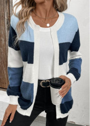 Modlily Blue Patchwork Design Long Sleeve Cardigan - XL