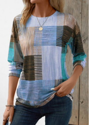 Modlily Blue Patchwork Geometric Print Long Sleeve T Shirt - M