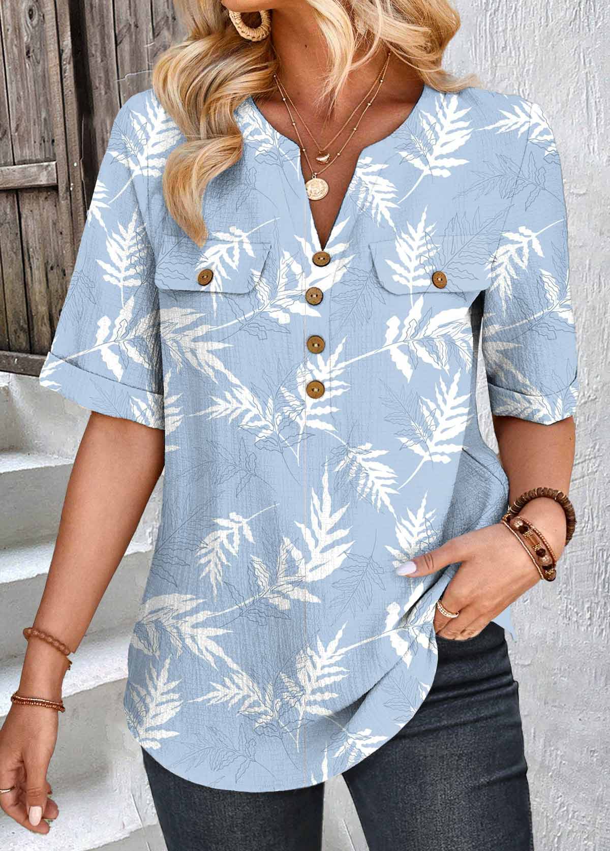 Modlily Blue Patchwork Leaf Print Short Sleeve Split Neck Blouse - S