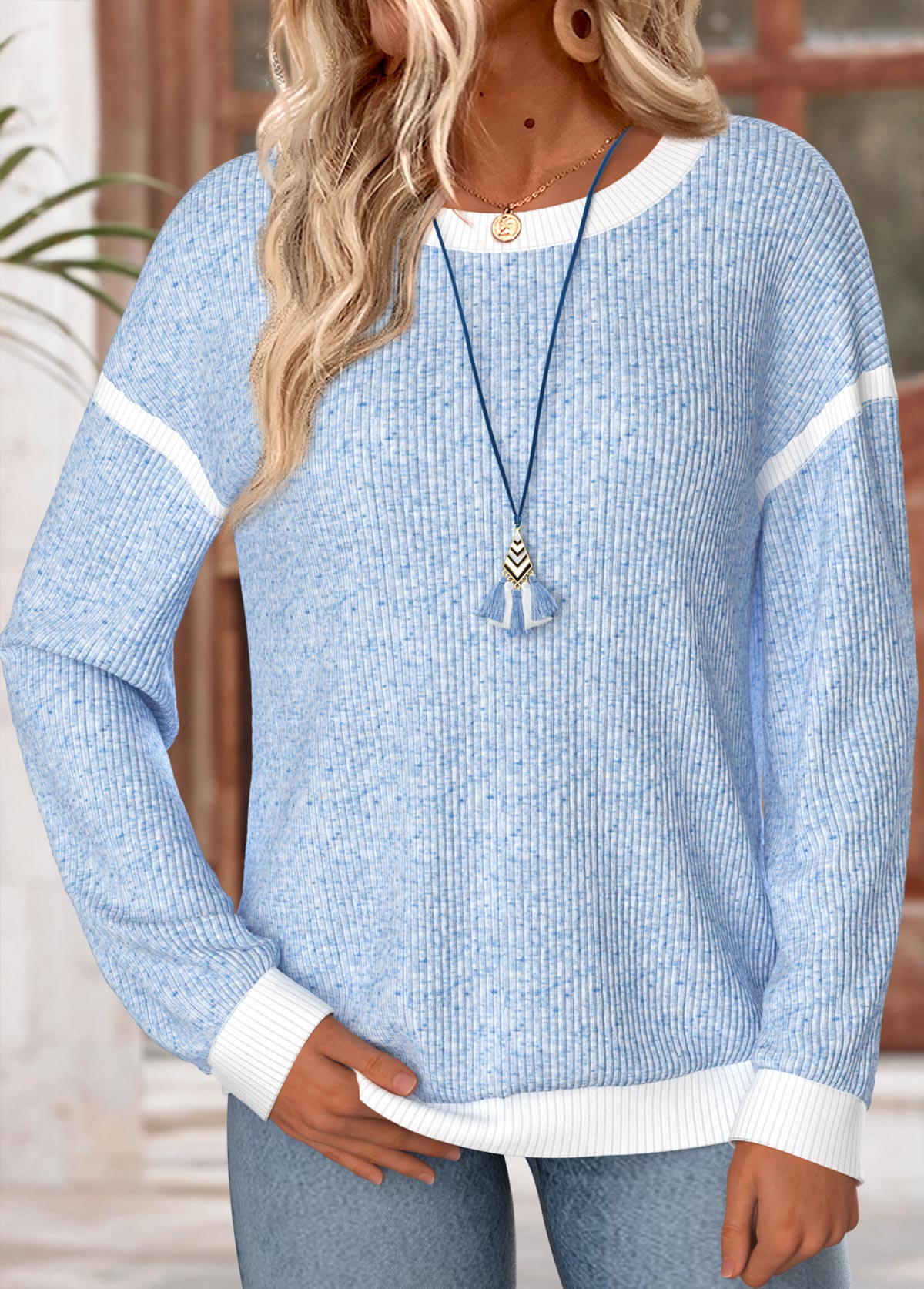 Modlily Blue Patchwork Long Sleeve Round Neck Sweatshirt - S