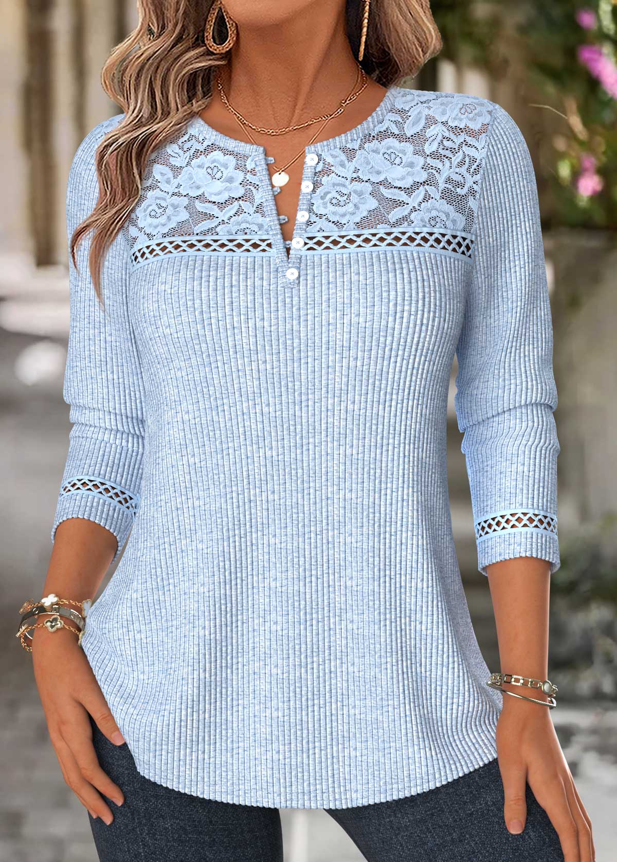 Modlily Blue Patchwork Long Sleeve Split Neck T Shirt - S