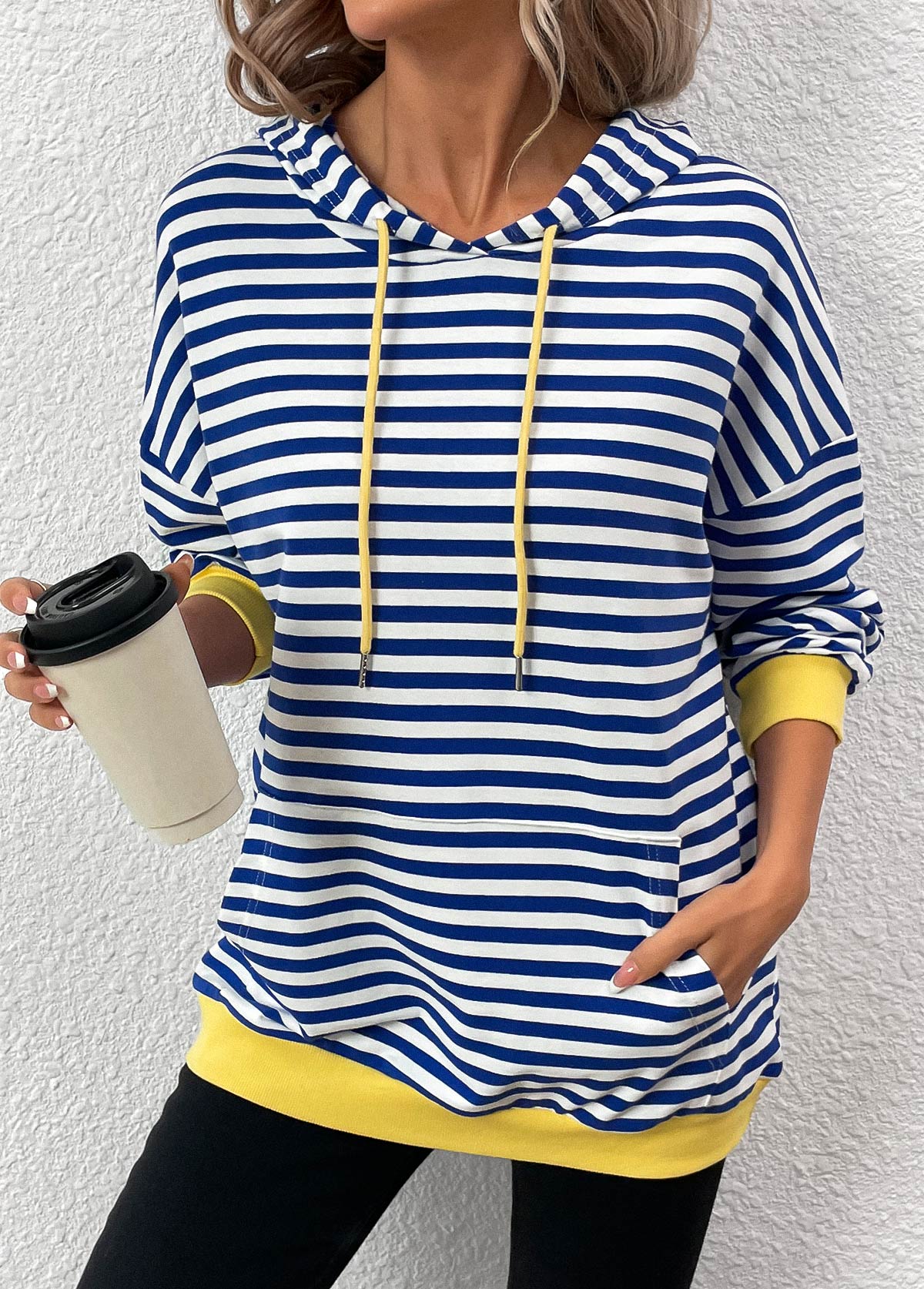 Modlily Blue Patchwork Striped Long Sleeve Hoodie - L
