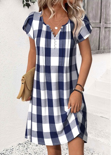 Modlily Blue Plaid Short Split Neck Dress - M