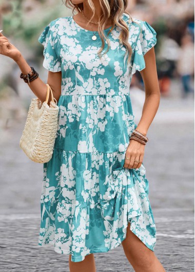 Modlily Blue Ruffle Floral Print Short Sleeve Dress - XXL