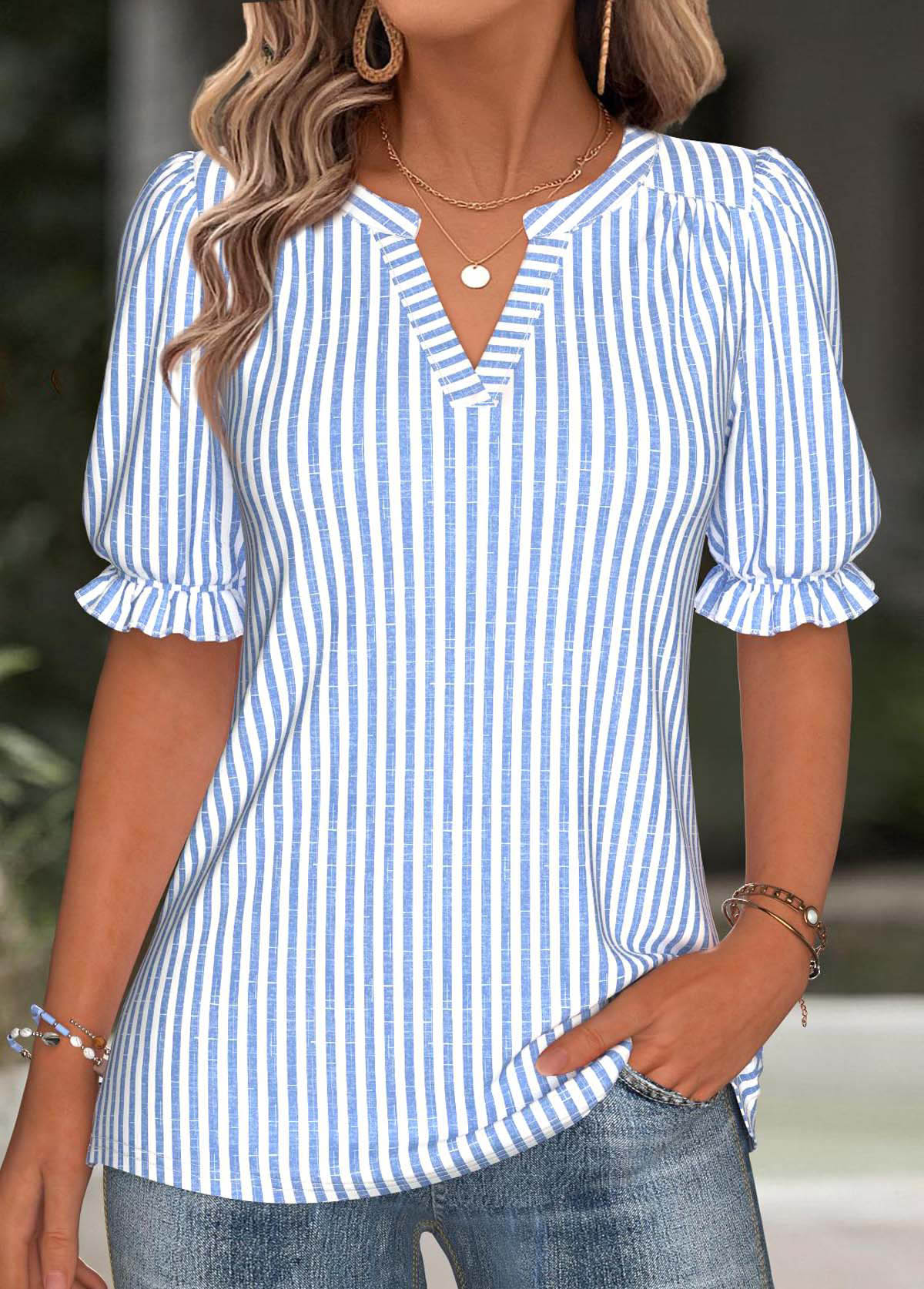 Modlily Blue Split Striped Short Sleeve Blouse - L