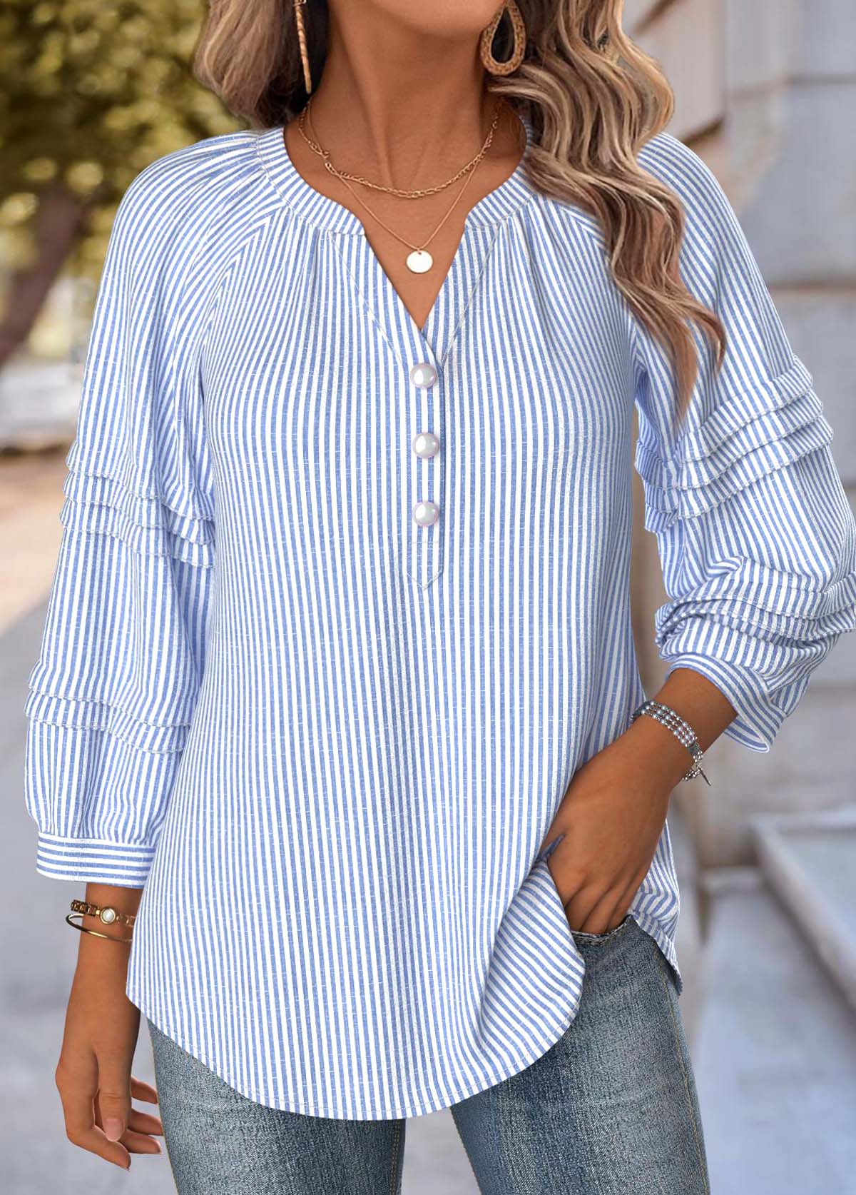 Modlily Blue Striped 3/4 Sleeve Split Neck Blouse - S