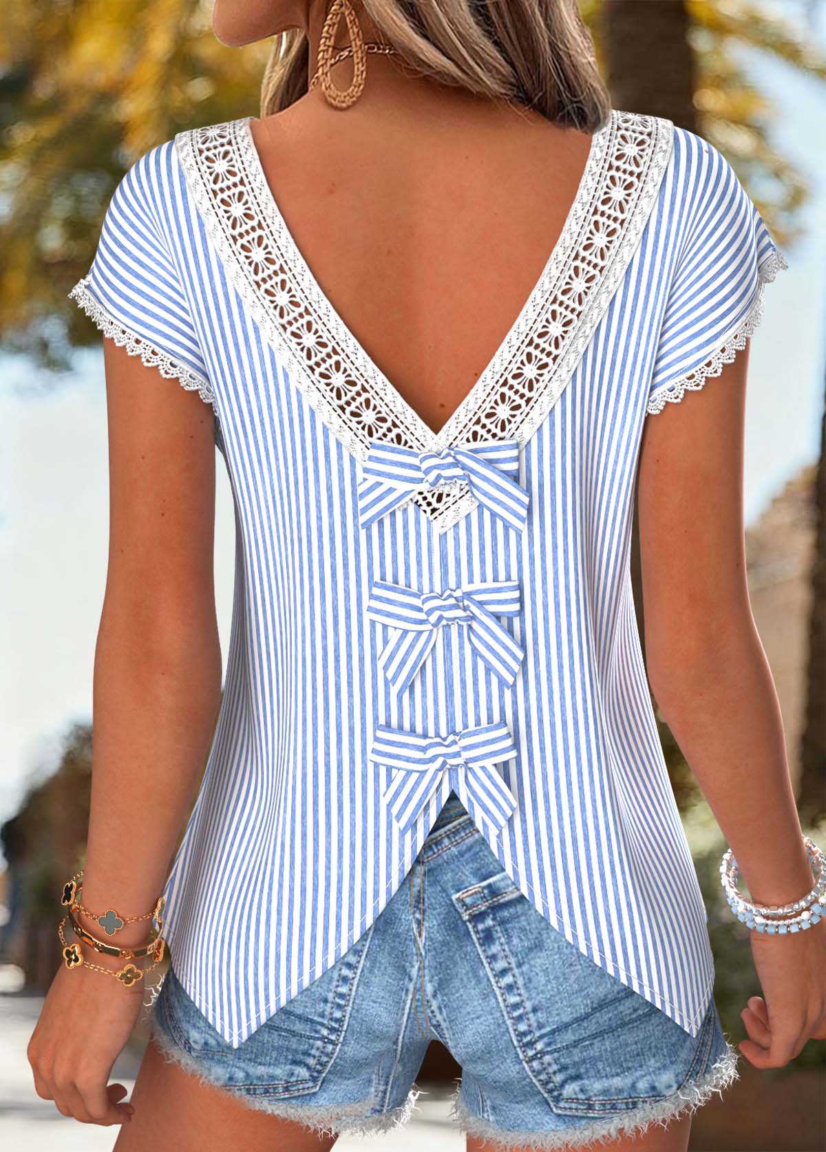 Modlily Blue Striped Bowknot Short Sleeve V Neck T Shirt - M