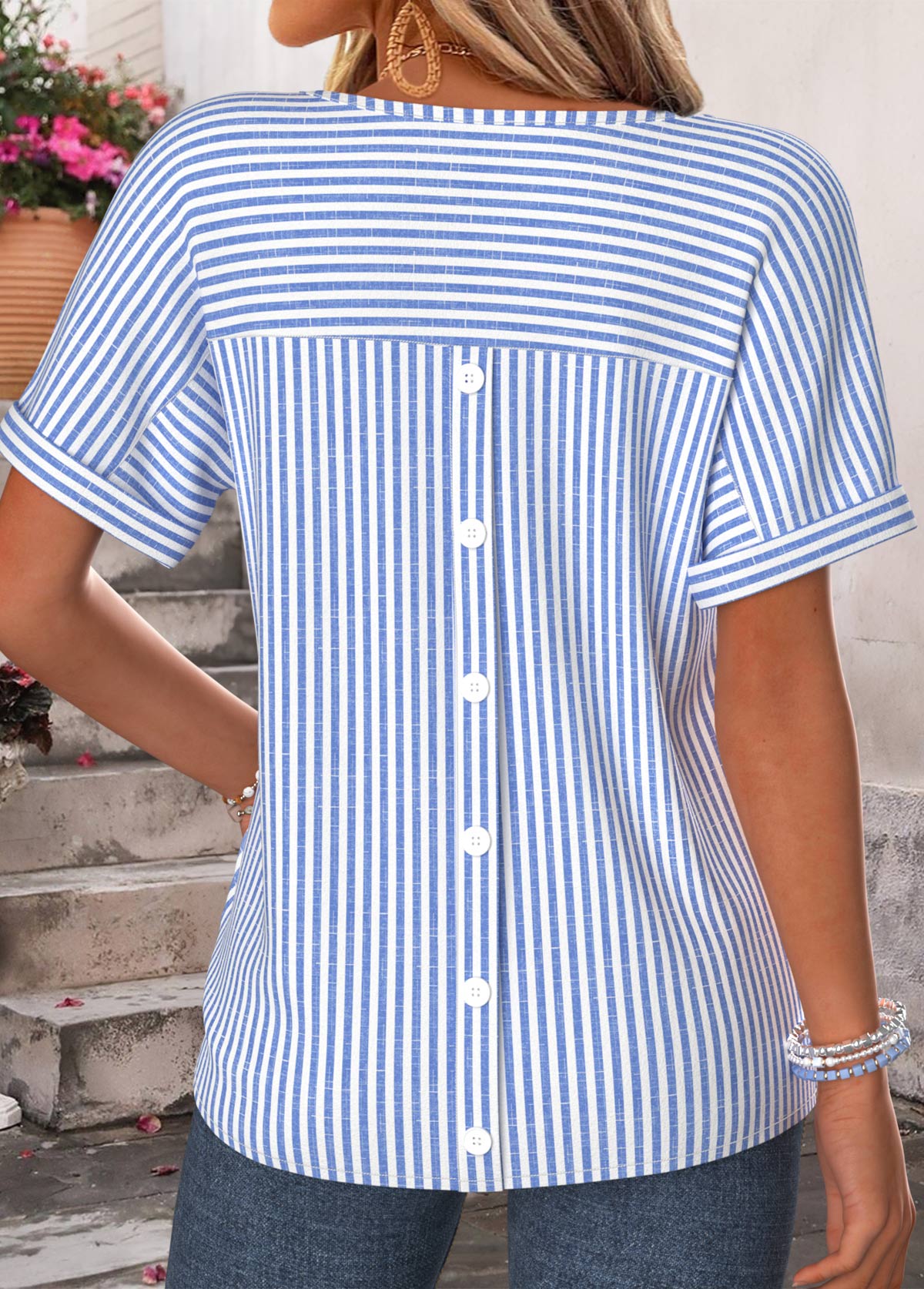 Modlily Blue Striped Curved Hem Short Sleeve T Shirt - S
