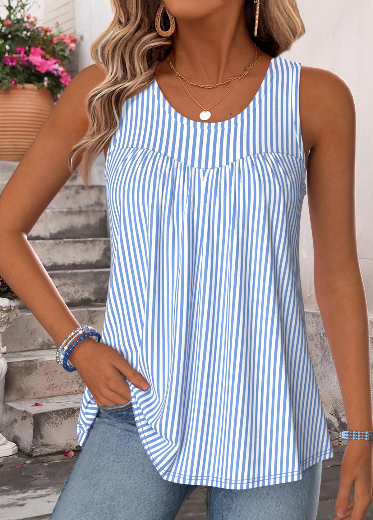 Modlily Blue Striped Curved Hem Sleeveless Scoop Neck Tank Top - M