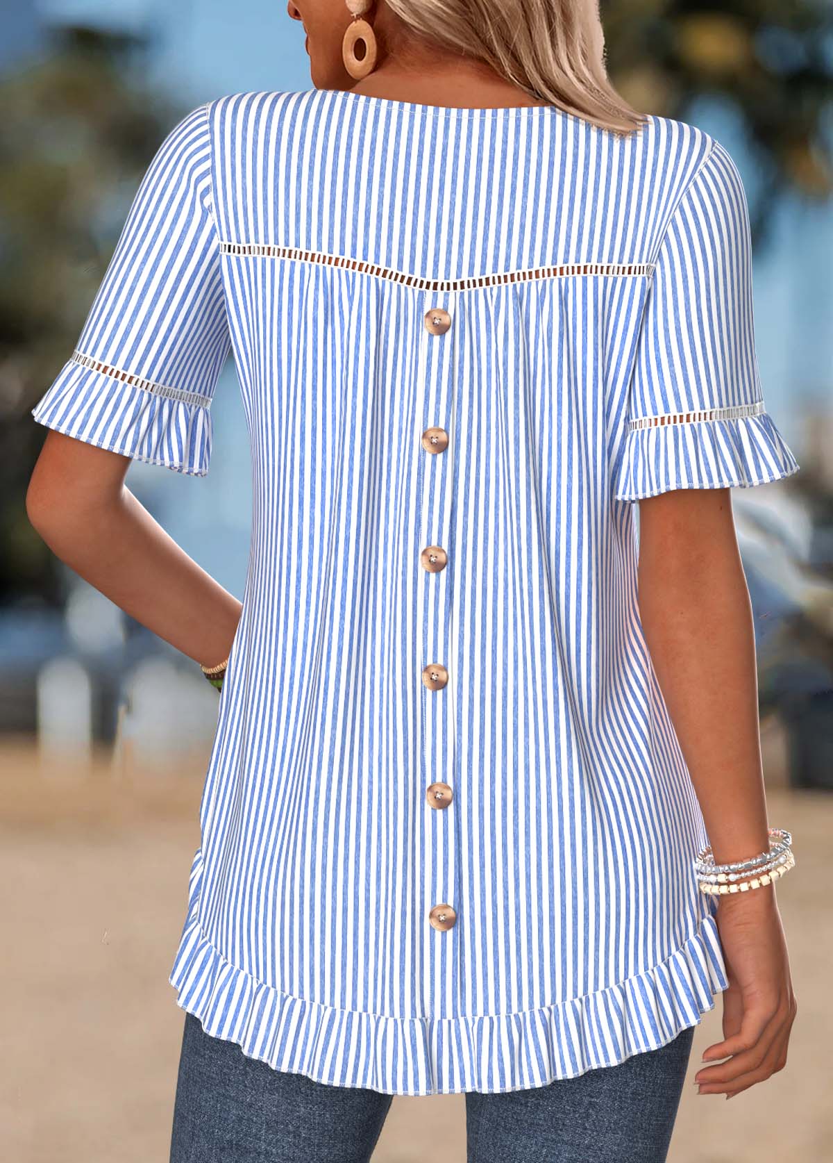 Modlily Blue Striped Frill Short Sleeve Round Neck T Shirt - M