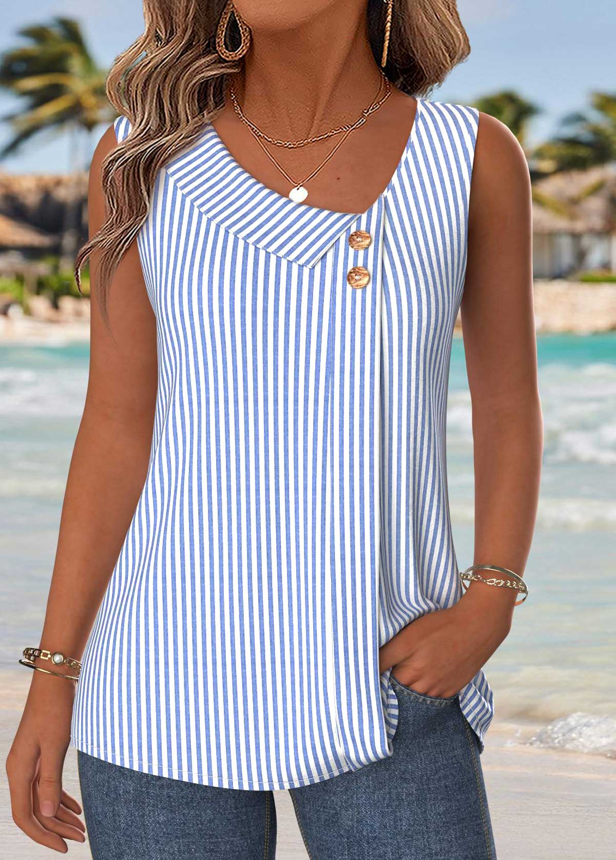 Modlily Blue Striped Patchwork Sleeveless Asymmetrical Neck Tank Top - S